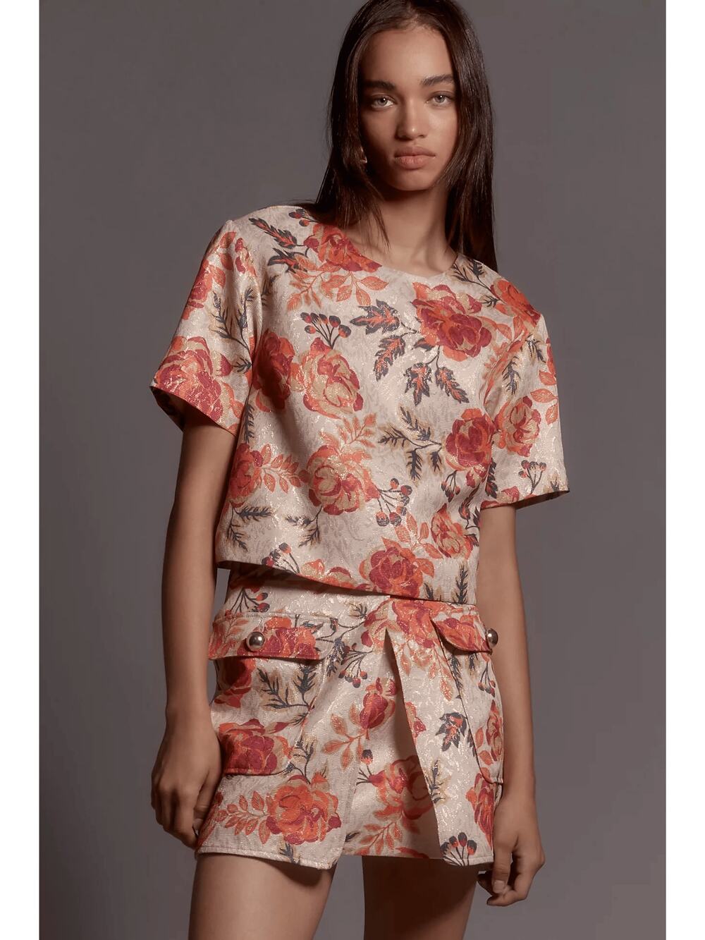 Le Superbe Top 0 Super Rose Orange Pink Gold Floral Fall Cropped Anthro NWT